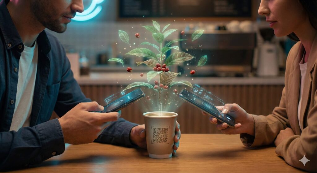 couple-mobile-scanning-coffee-cup-augmented-reality-cafe