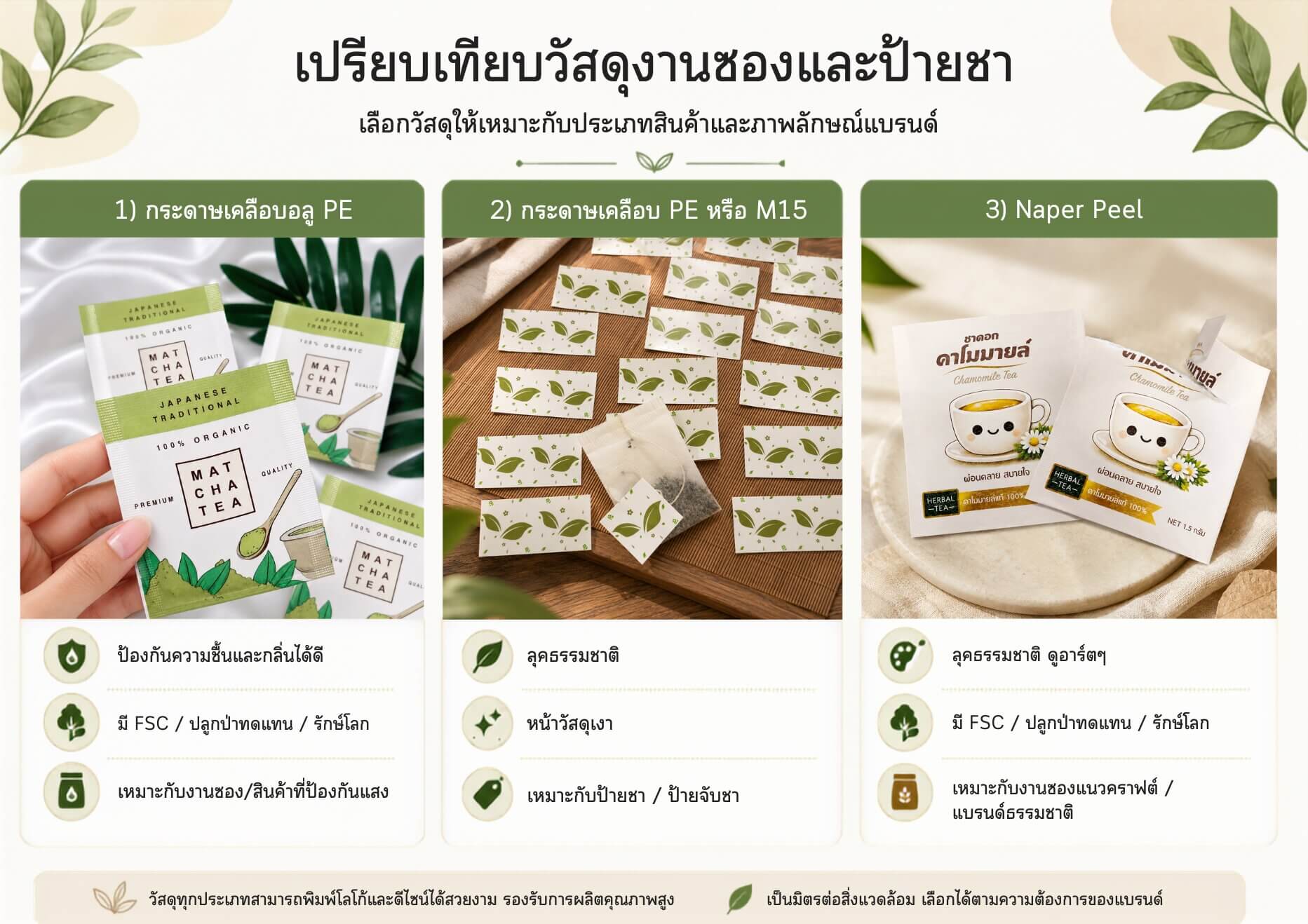อินโฟกราฟิกเปรียบเทียบวัสดุงานซองชา และป้ายชาทั้ง 3 แบบ